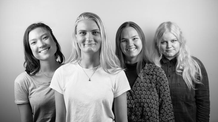 FO-Studentenes sentralstyre 2020: FV: Emilie Engan Bjørbu (Nestleder), Iris Jansdottir Nordberg (Leder), Sigrid Nesheim (representant for sosionomstudentene) og Sunniva Nornes Pedersen (representant for velferdsviterstudentene). 